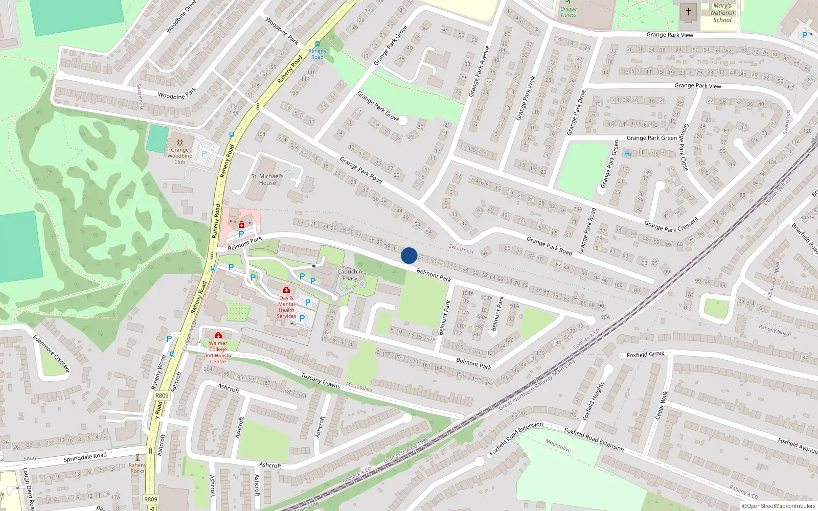 Overhead map showing the location of 44 Belmont Park, Dublin 5