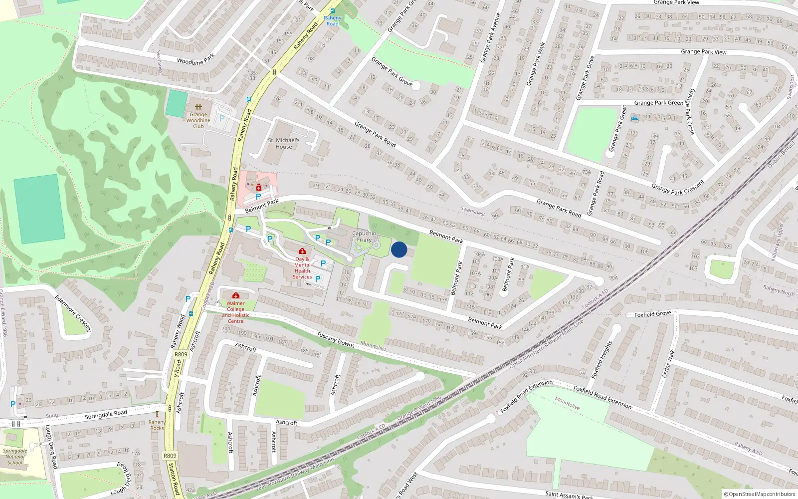 Overhead map showing the location of 44 Belmont Square, Belmont Park, Raheny Dublin 9