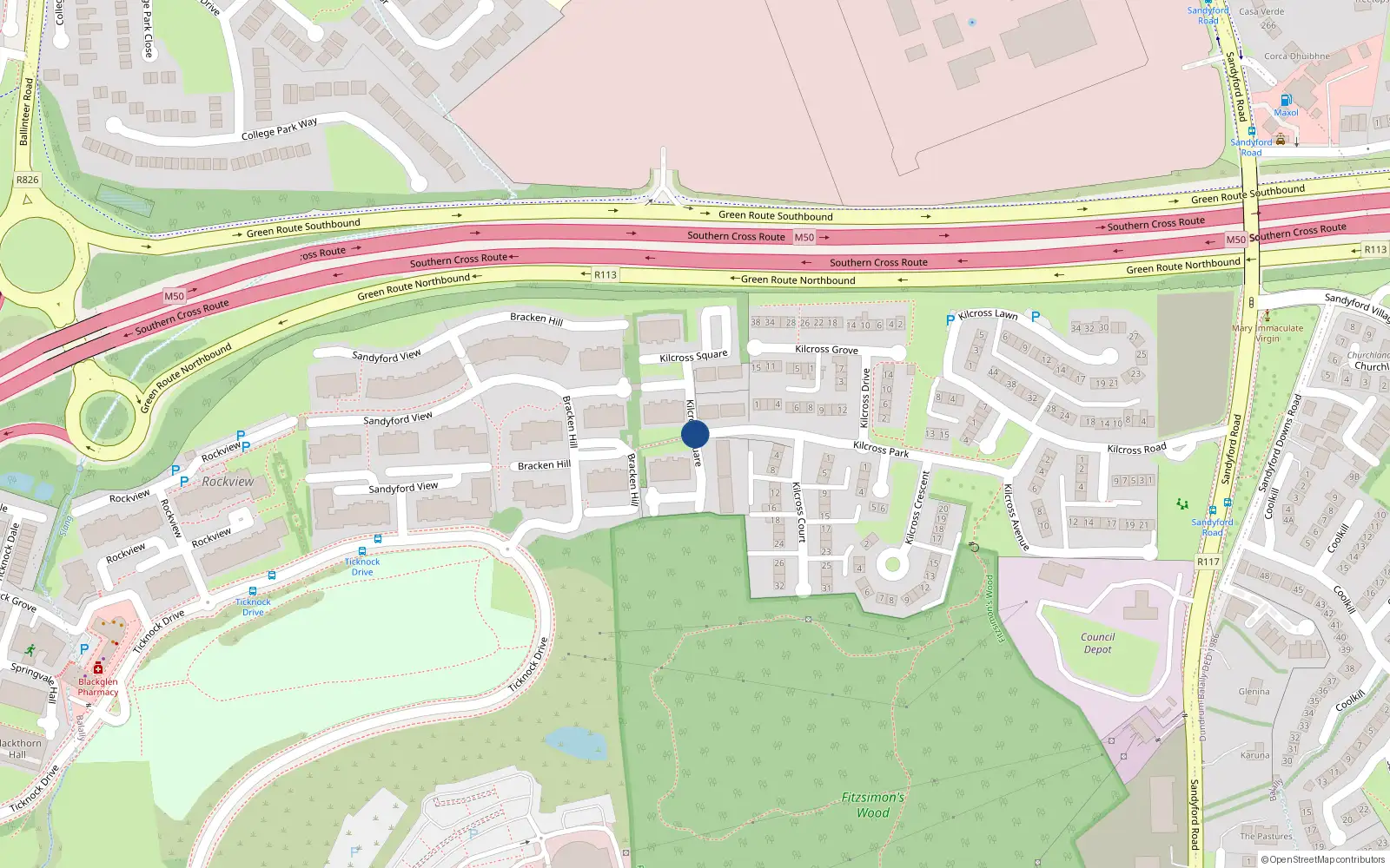 Overhead map showing the location of 44 Block T, Kilcross Square, Sandyford