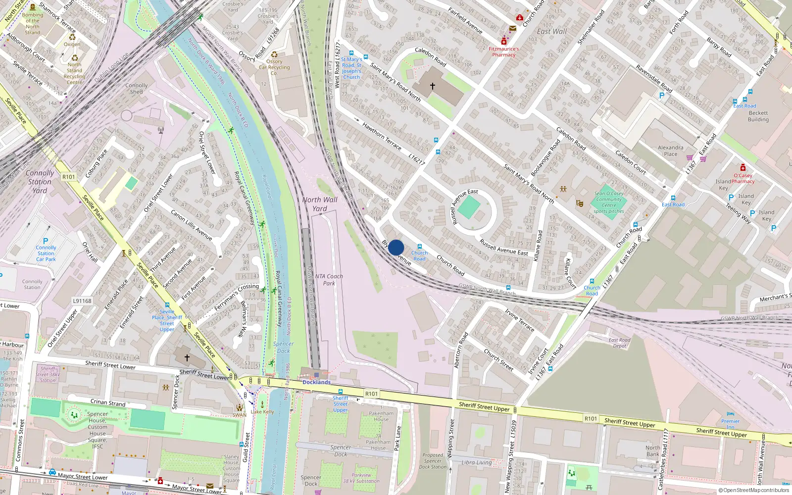 Overhead map showing the location of 44 Blythe Avenue, East Wall, Dublin 3