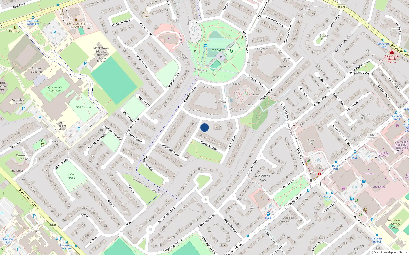 Overhead map showing the location of 44 Brickfield Drive, Dun Laoghaire