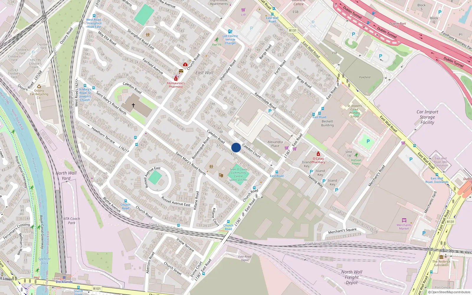 Overhead map showing the location of 44 Caledon Road, East Wall, Dublin 3
