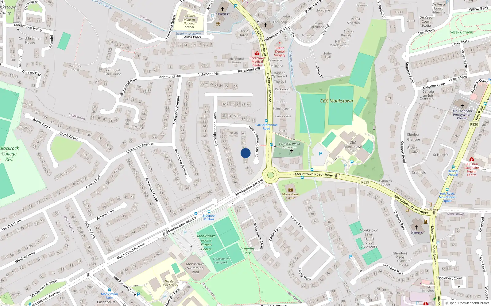 Overhead map showing the location of 44 Carrickbrennan Lawn, Monkstown