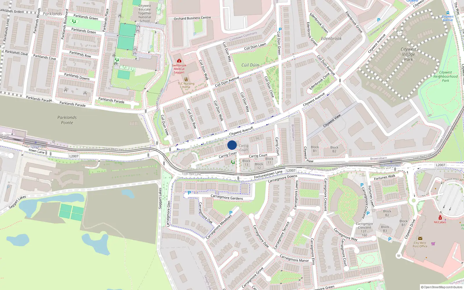Overhead map showing the location of 44 Carrig Court, Saggart