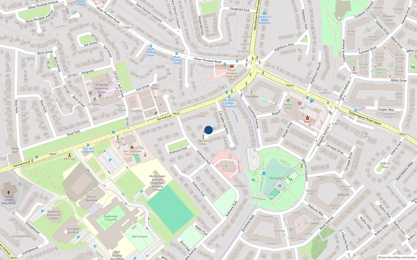 Overhead map showing the location of 44 Carriglea Gardens, Dun Laoghaire