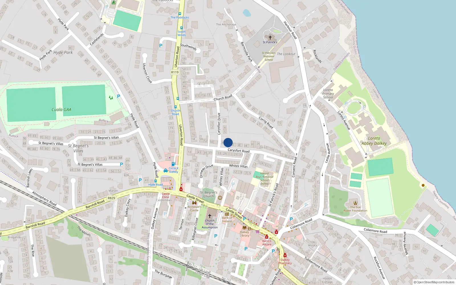 Overhead map showing the location of 44 Carysfort Road, Dalkey