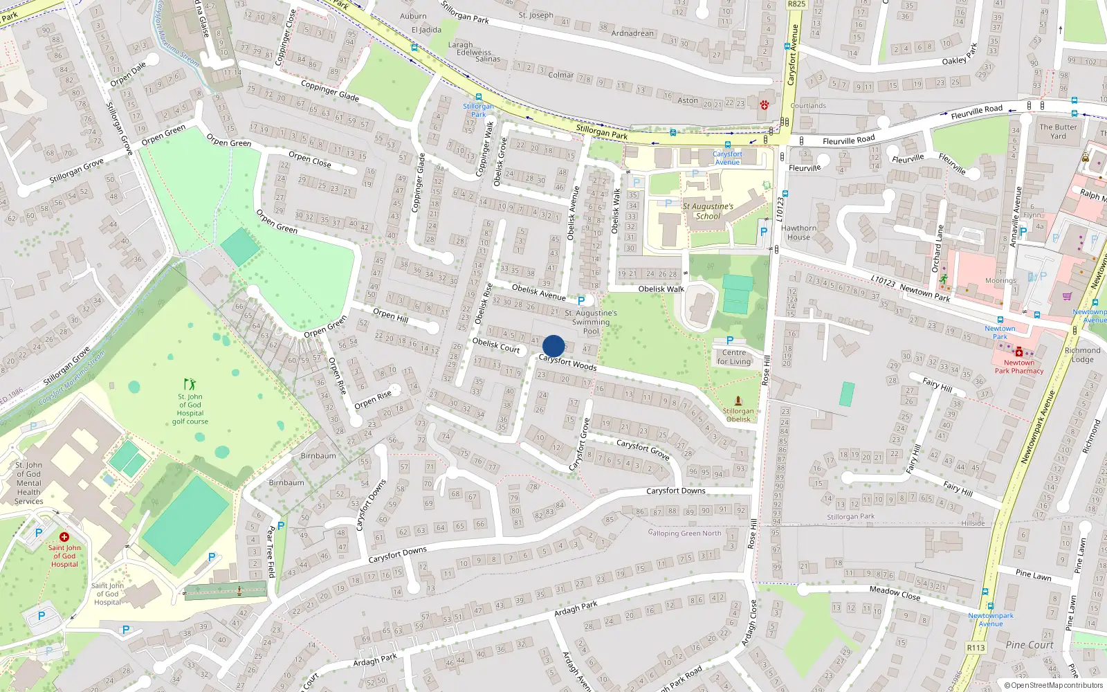 Overhead map showing the location of 44 Carysfort Woods, Blackrock, Dublin