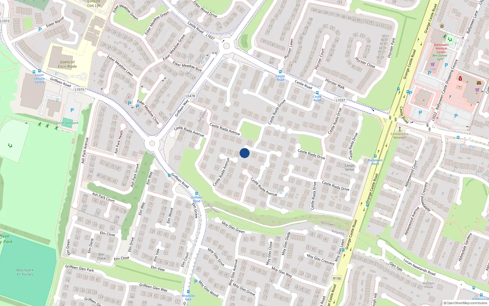 Overhead map showing the location of 44 Castle Riada Grove, Lucan, Dublin