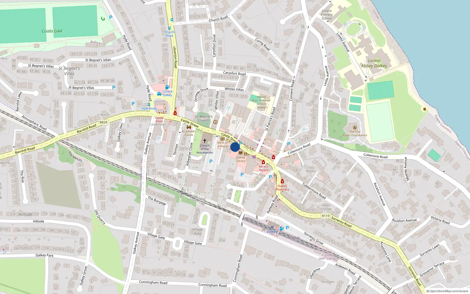 Overhead map showing the location of 44 Castle St, Dalkey, Dublin