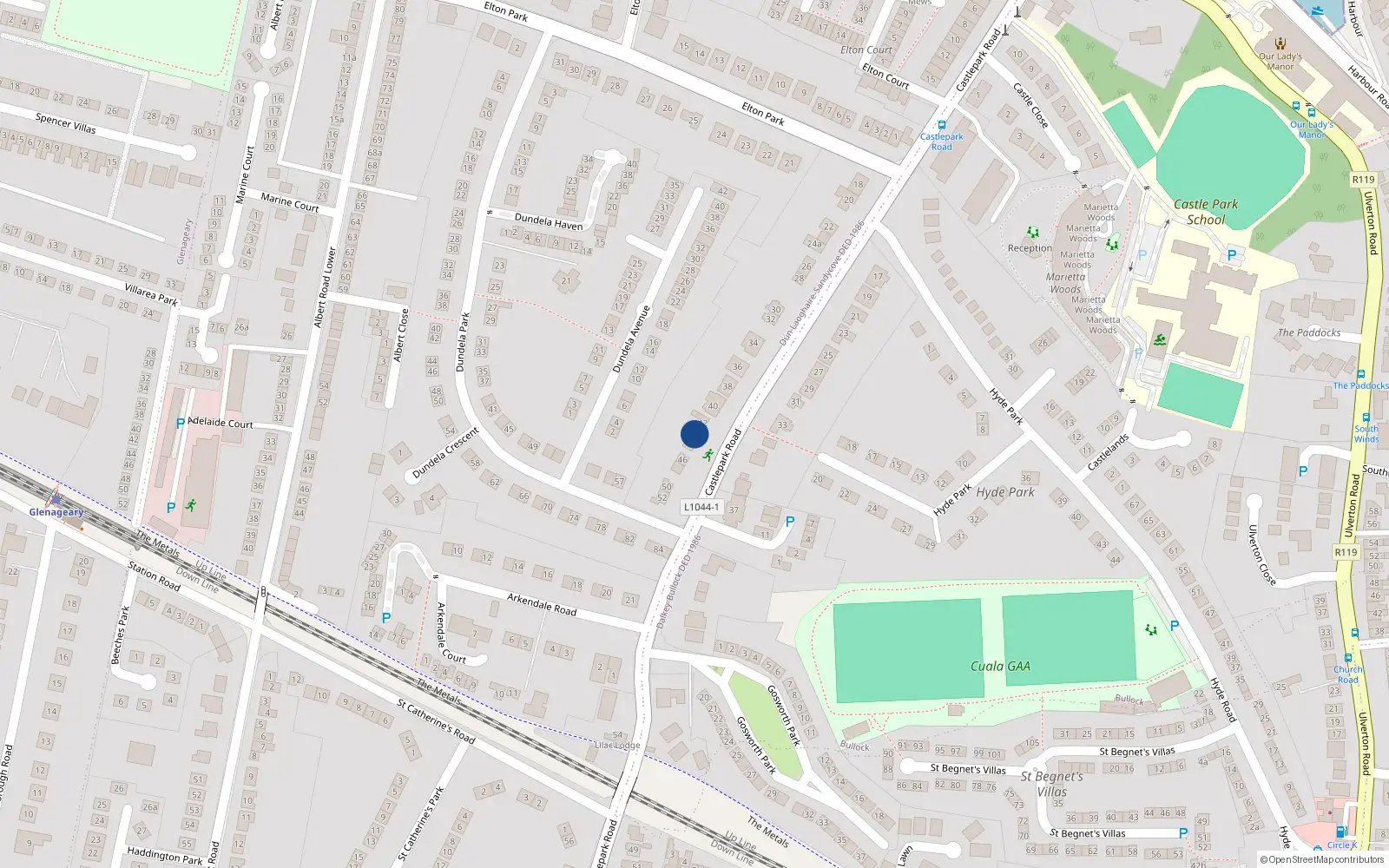 Overhead map showing the location of 44 Castle Park Road, Sandycove