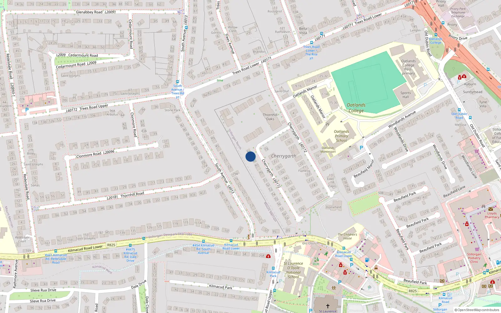Overhead map showing the location of 44 Cherry Garth, Mount Merrion, Dublin