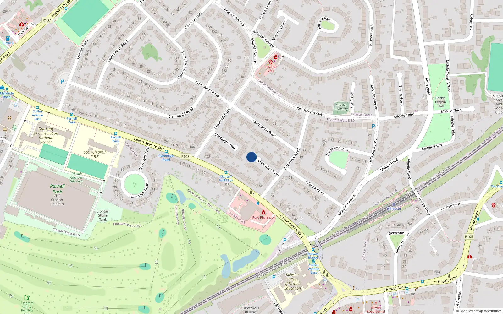 Overhead map showing the location of 44 Clanawley Road, Dublin 5
