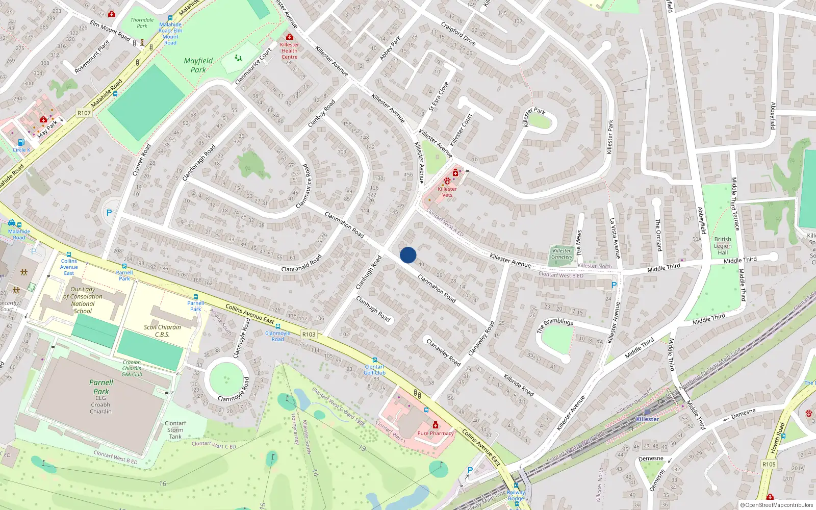 Overhead map showing the location of 44 Clanmahon Road, Dublin 5