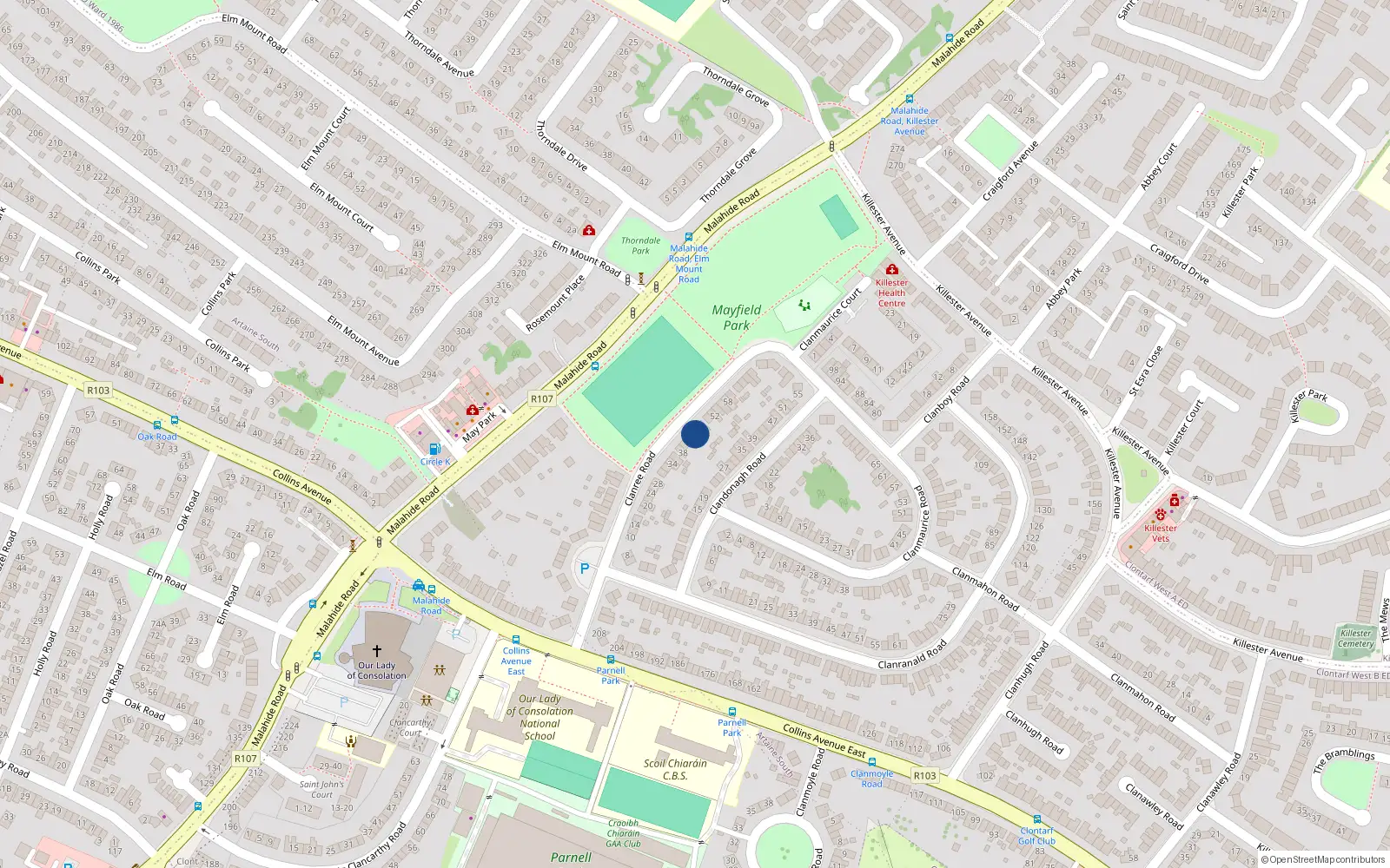 Overhead map showing the location of 44 Clanree Road, Dublin 5