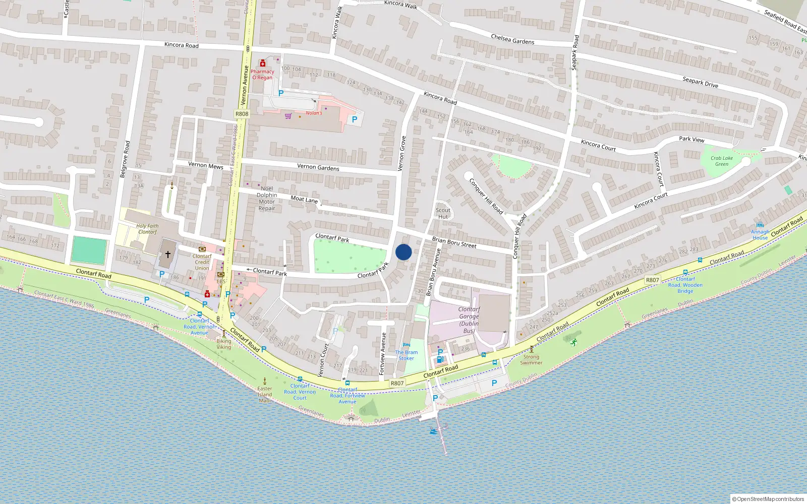 Overhead map showing the location of 44 Clontarf Park, Dublin 3