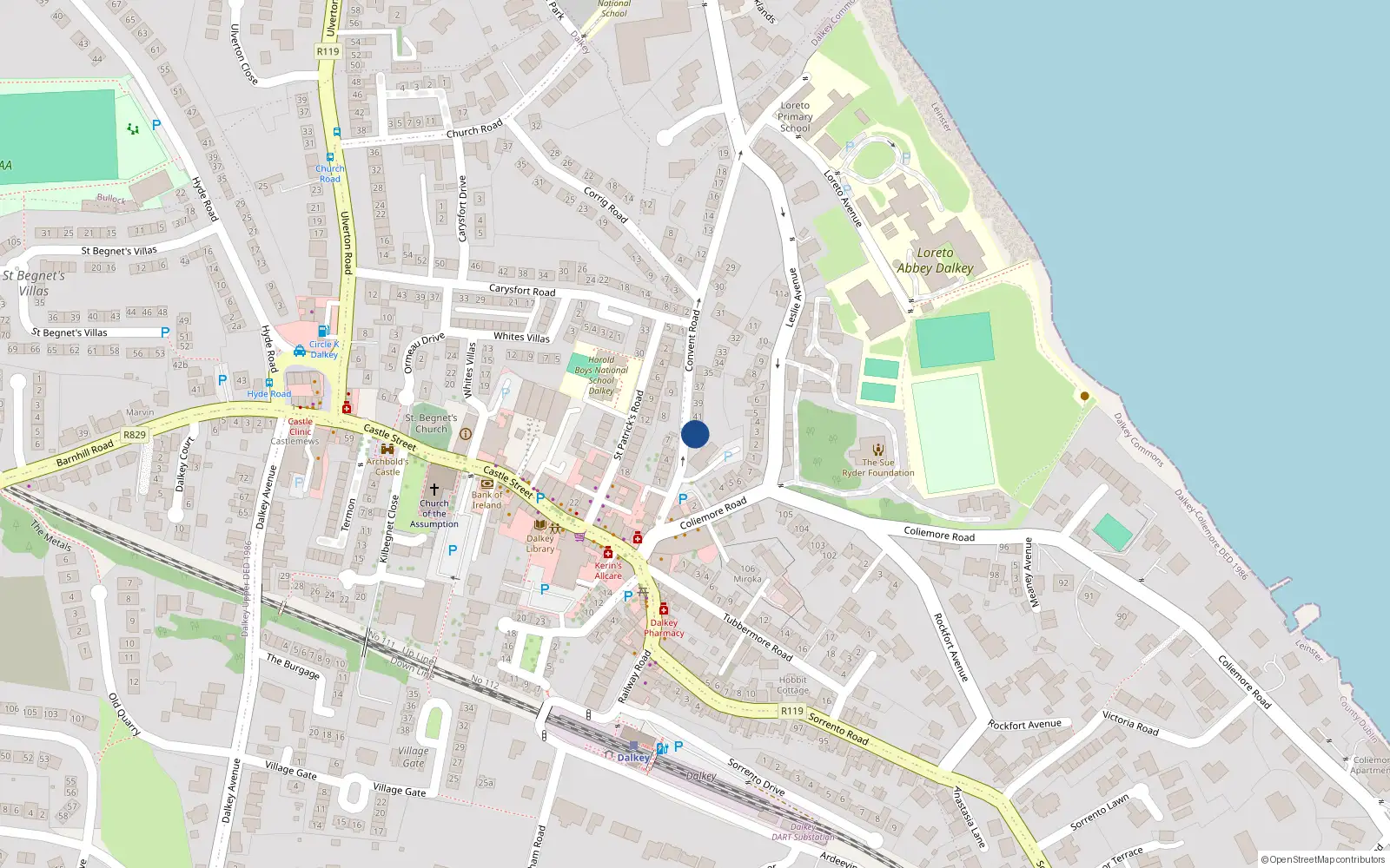 Overhead map showing the location of 44 Convent Road, Dalkey, Dublin
