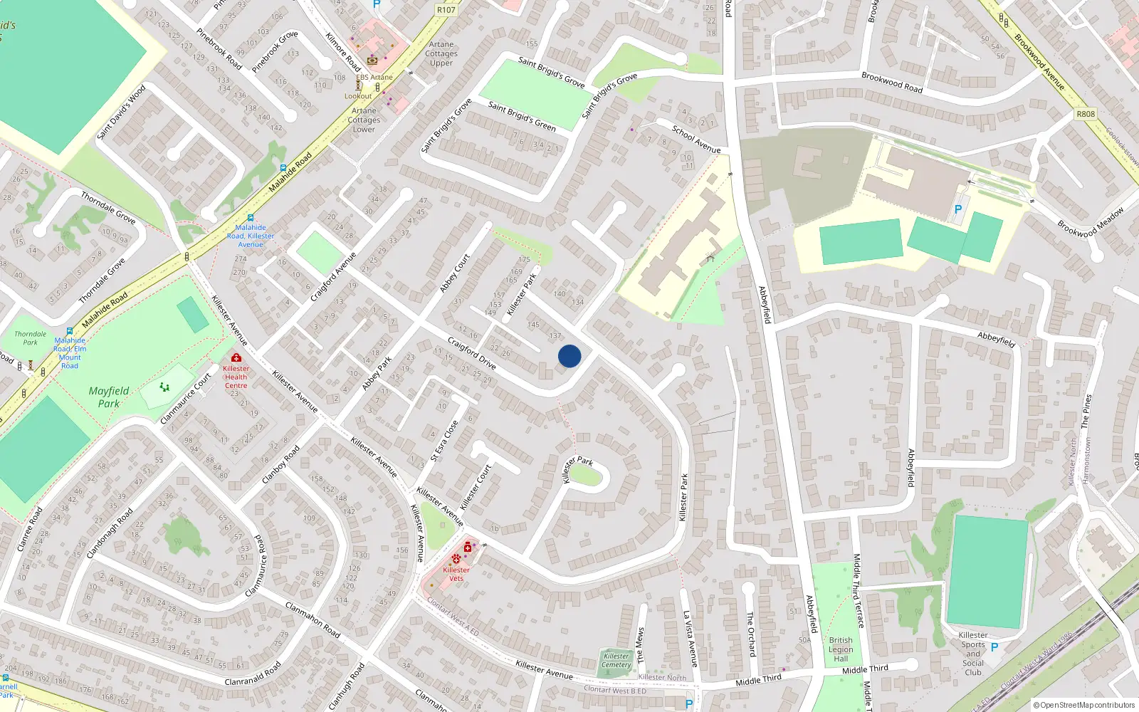Overhead map showing the location of 44 Craigford Drive, Killester, Dublin 5