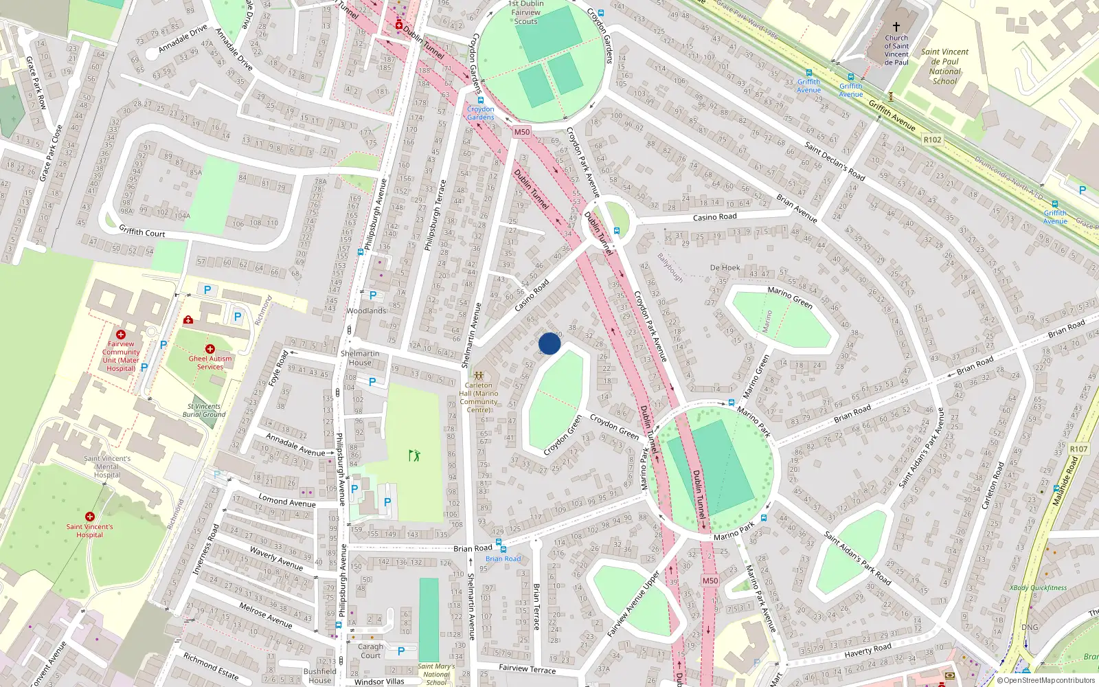 Overhead map showing the location of 44 Croydon Green, Dublin 3