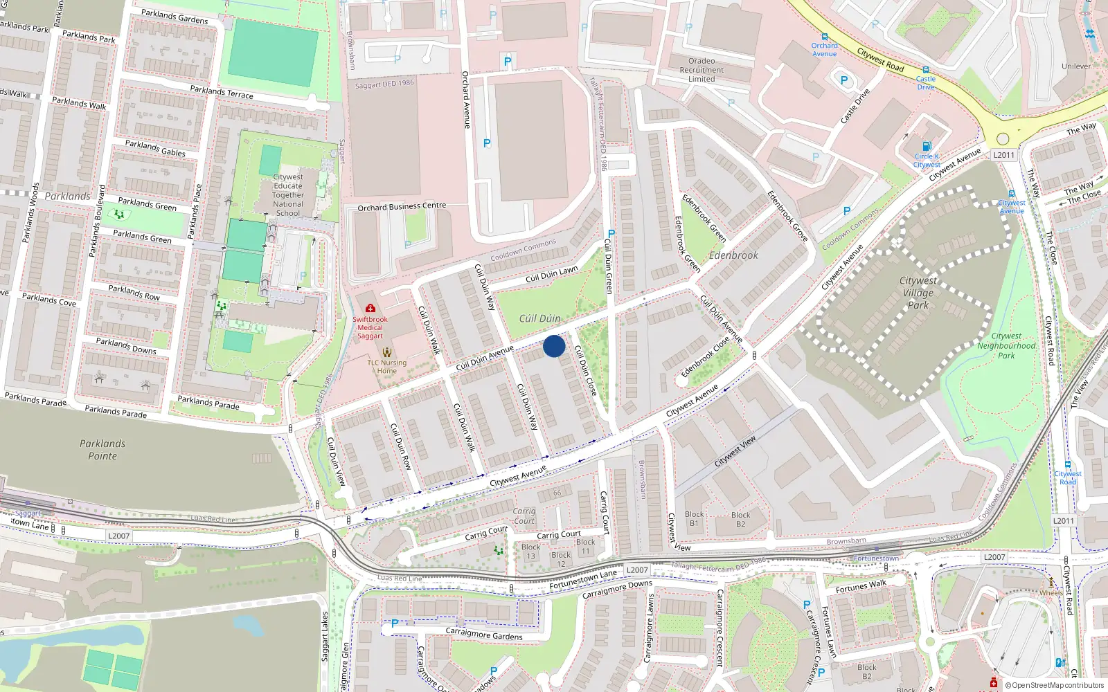 Overhead map showing the location of 44 Cúil Dúin Avenue, Fortunestown