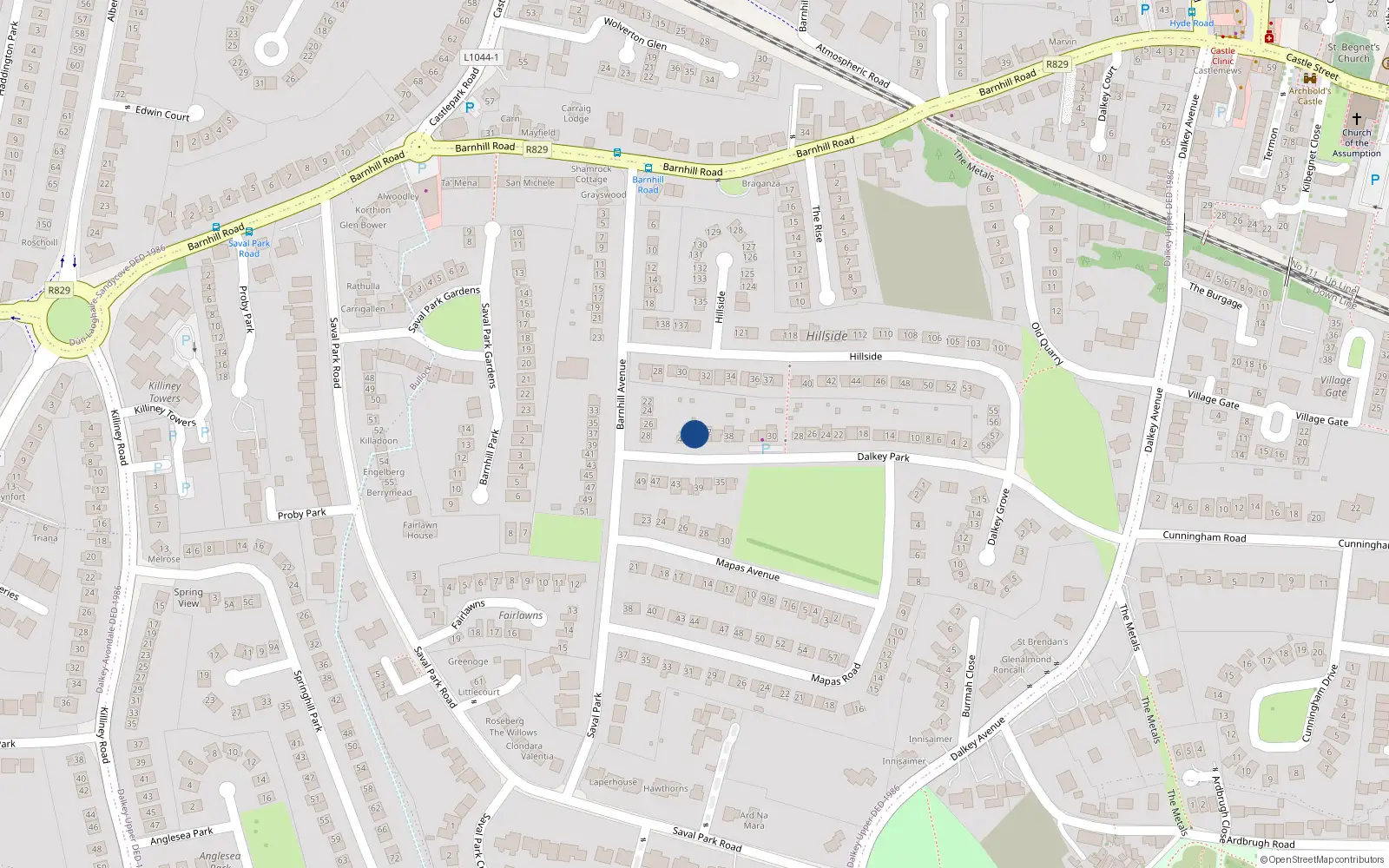 Overhead map showing the location of 44 Dalkey Park, Dalkey