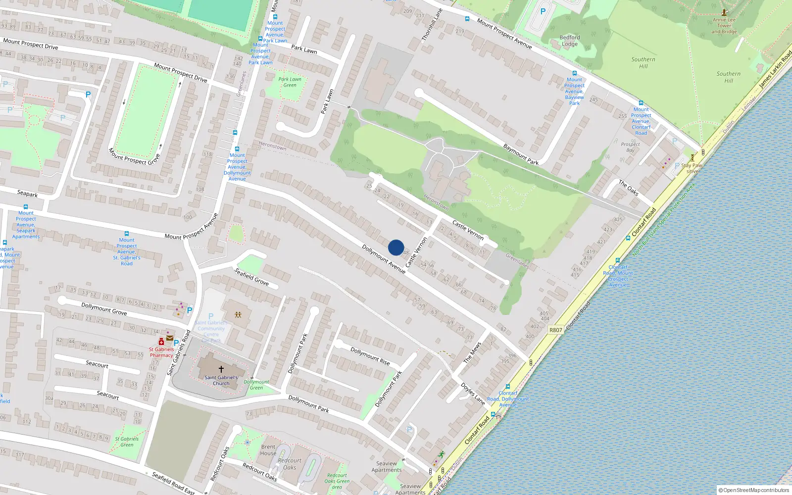 Overhead map showing the location of 44 Dollymount Avenue, Dublin 3