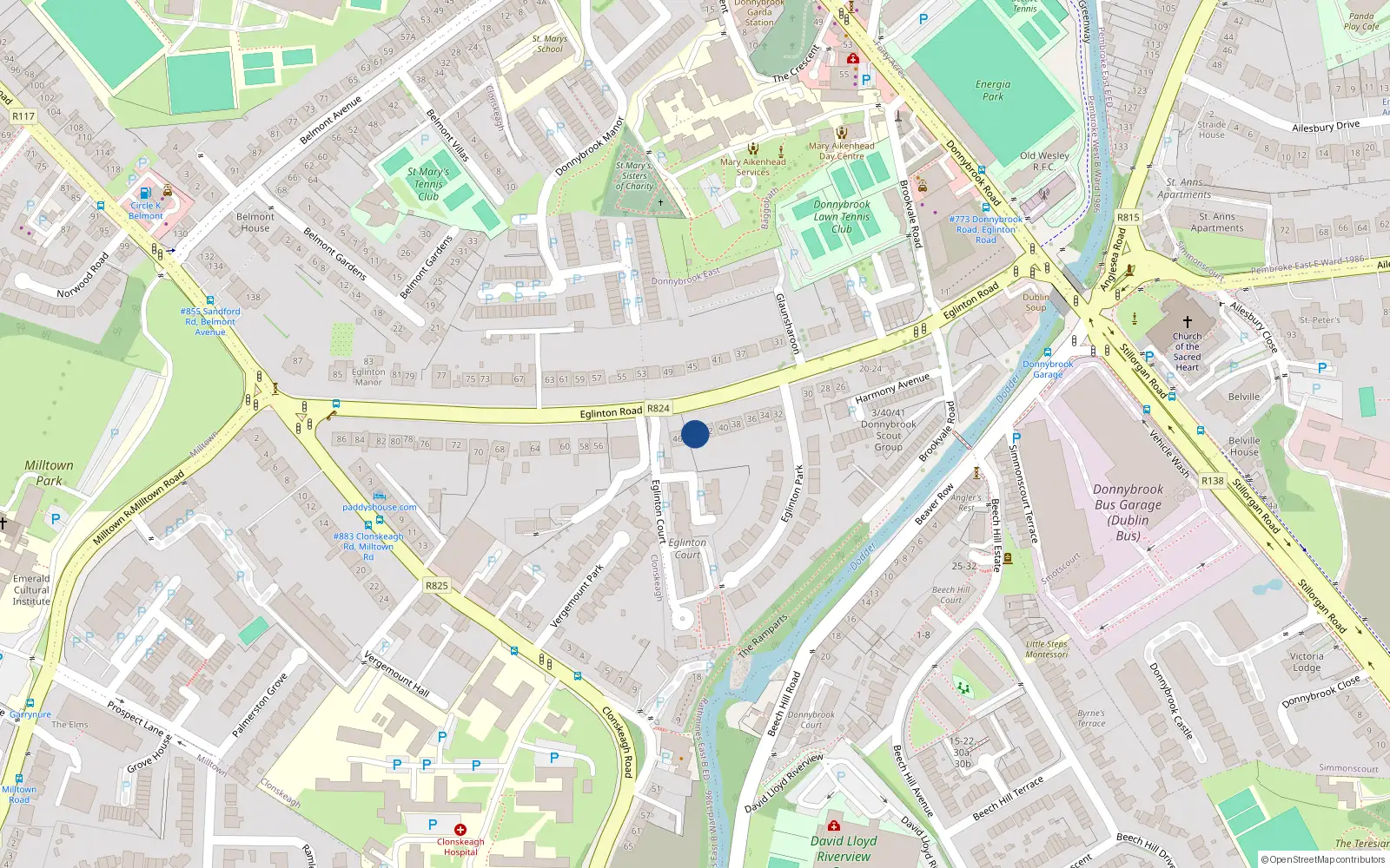 Overhead map showing the location of 44 Eglinton Road, Donnybrook