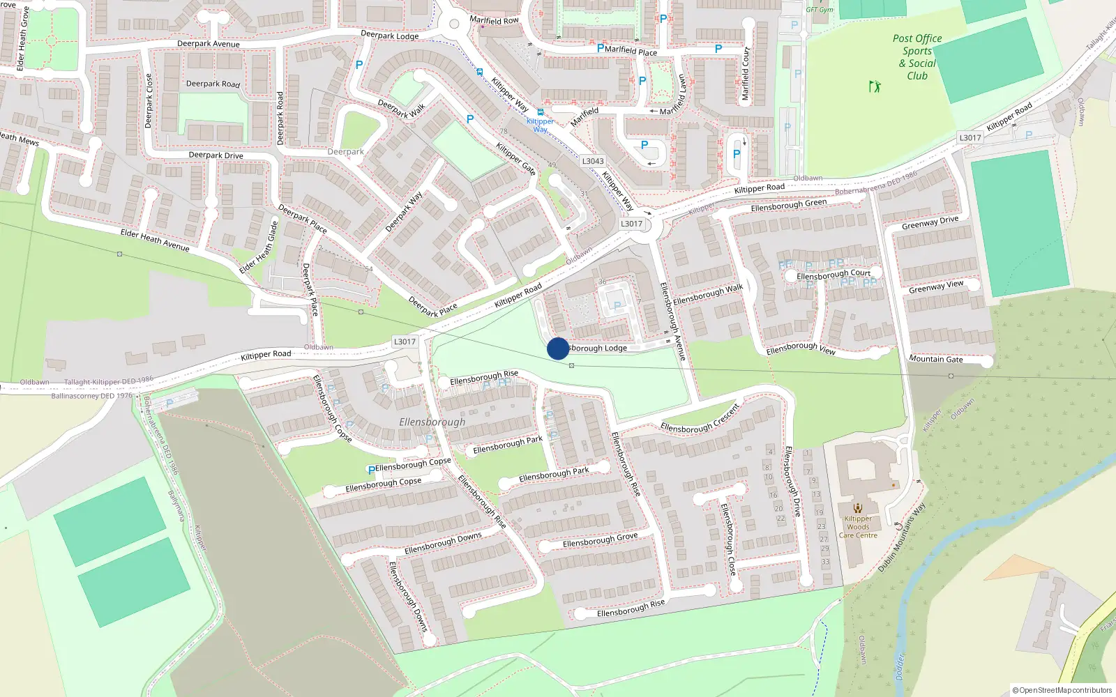 Overhead map showing the location of 44 Ellensborough Lodge, Tallaght