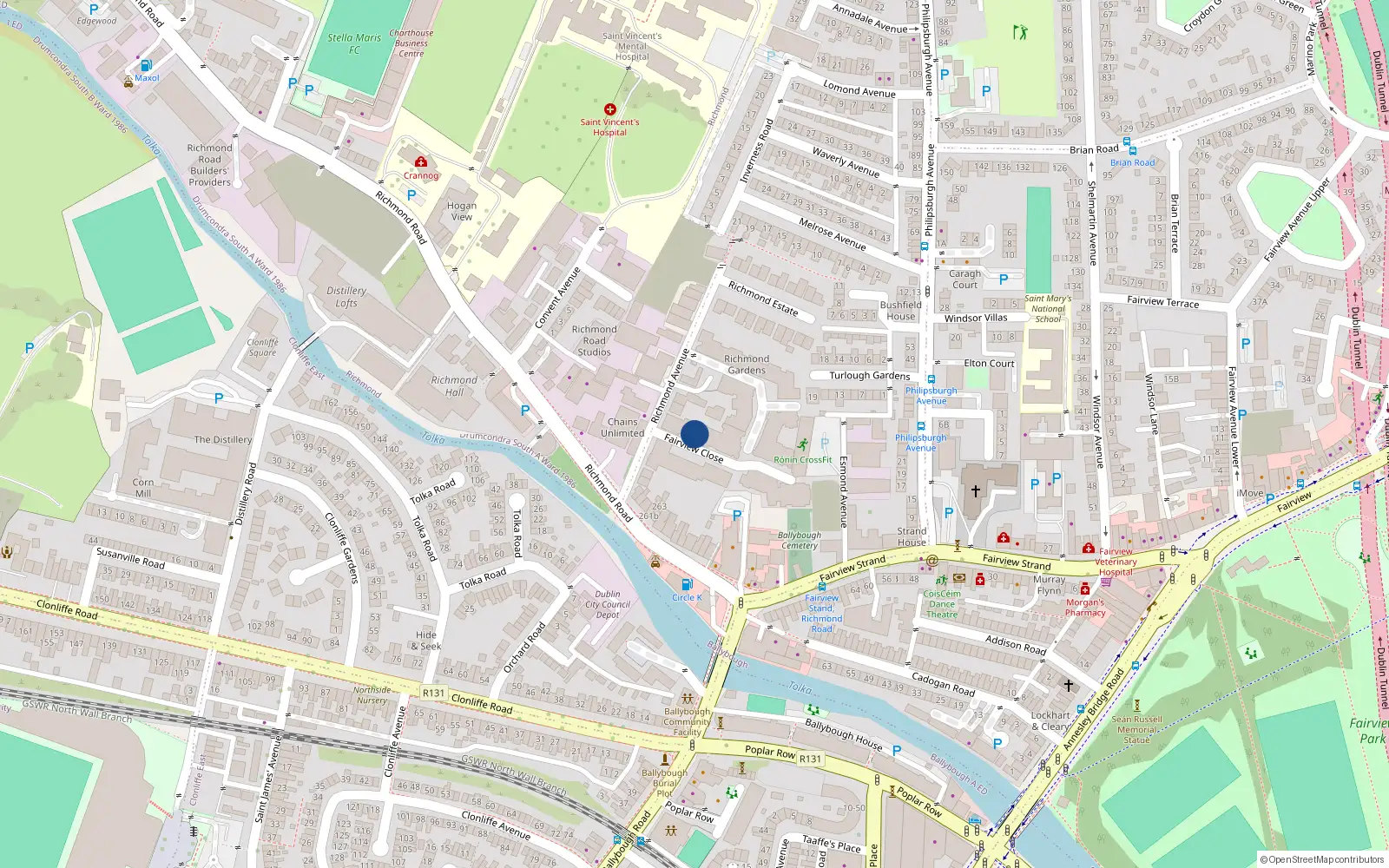 Overhead map showing the location of 44 Fairview Close, Richmond Avenue, Dublin 3