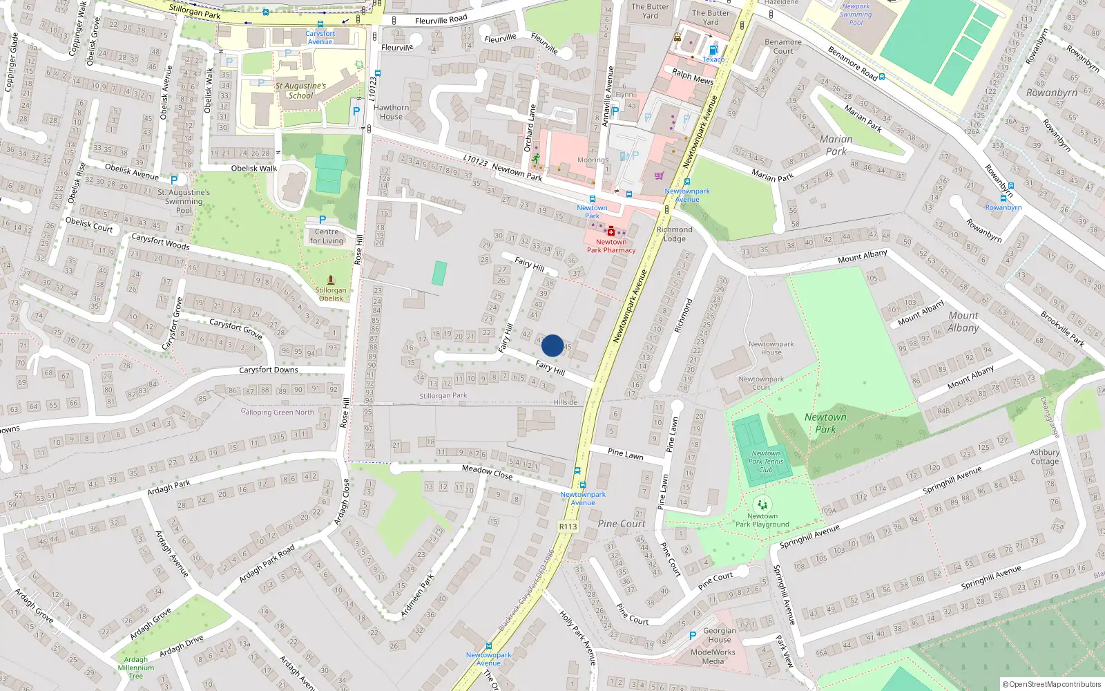 Overhead map showing the location of 44 Fairyhill, Blackrock, Dublin