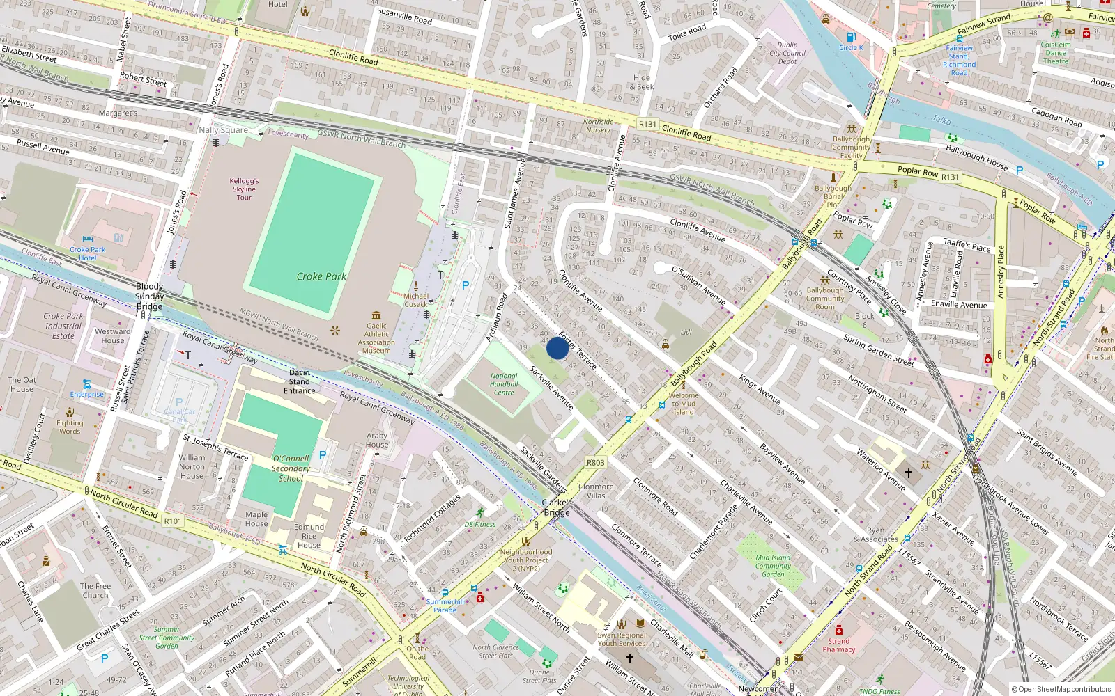 Overhead map showing the location of 44 Foster Terrace, Dublin 3
