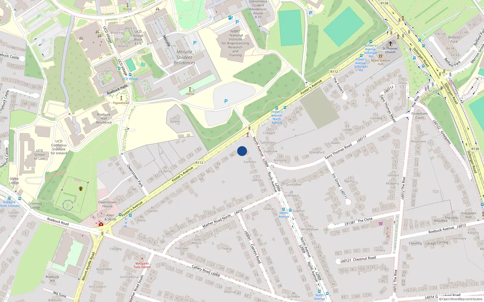 Overhead map showing the location of 44 Foster Avenue, Blackrock