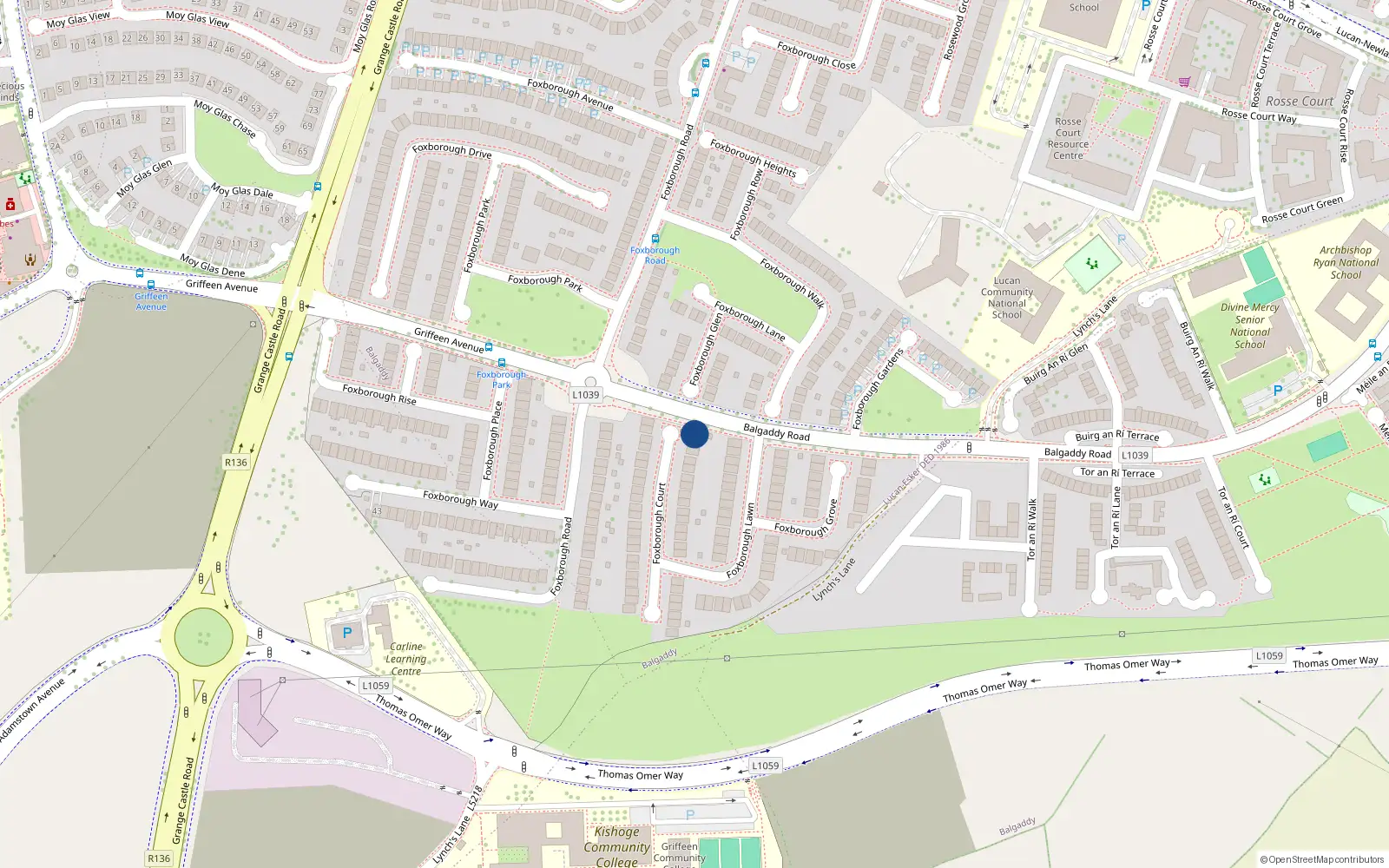 Overhead map showing the location of 44 Foxborough Court, Lucan