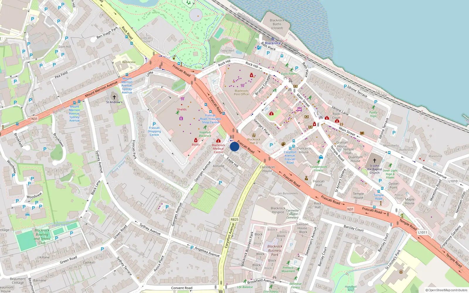 Overhead map showing the location of 44 George's Avenue, Blackrock