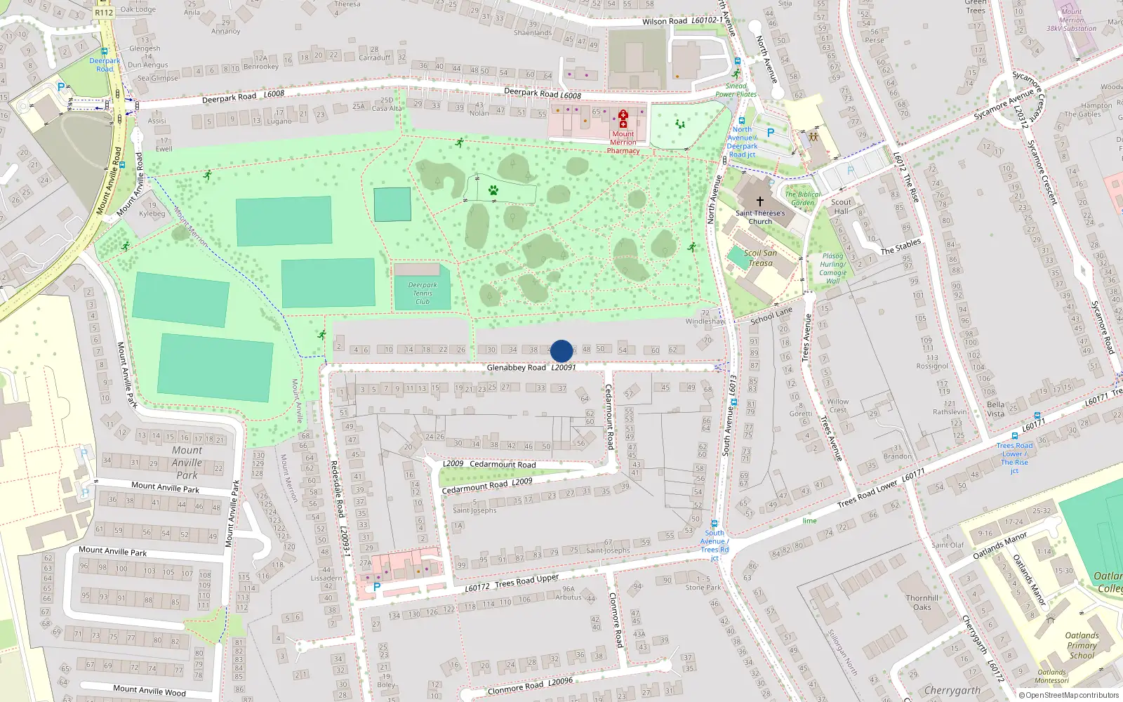 Overhead map showing the location of 44 Glenabbey Road, Mount Merrion, Dublin