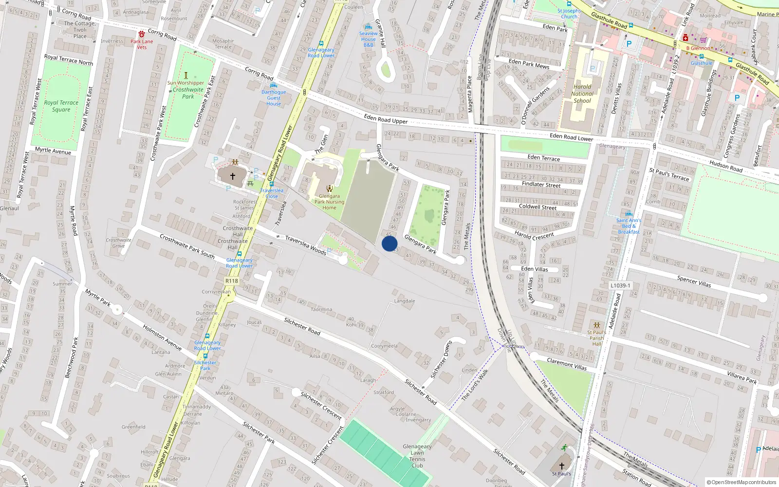 Overhead map showing the location of 44 Glengara Park, Dublin