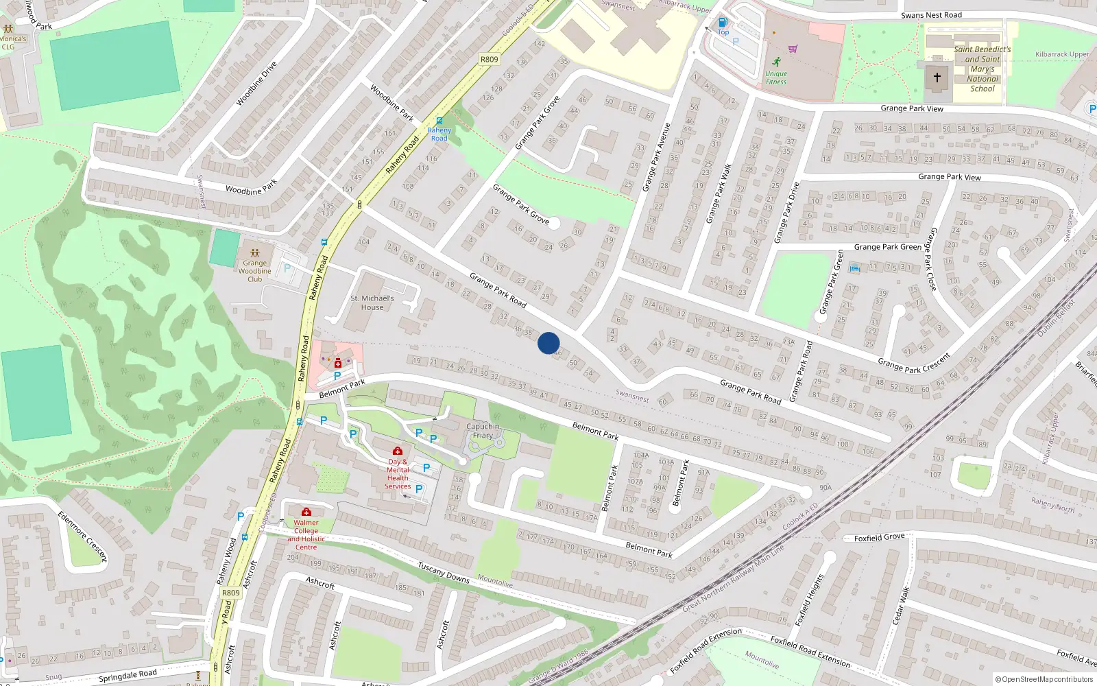 Overhead map showing the location of 44 Grange Park Road, Dublin 5