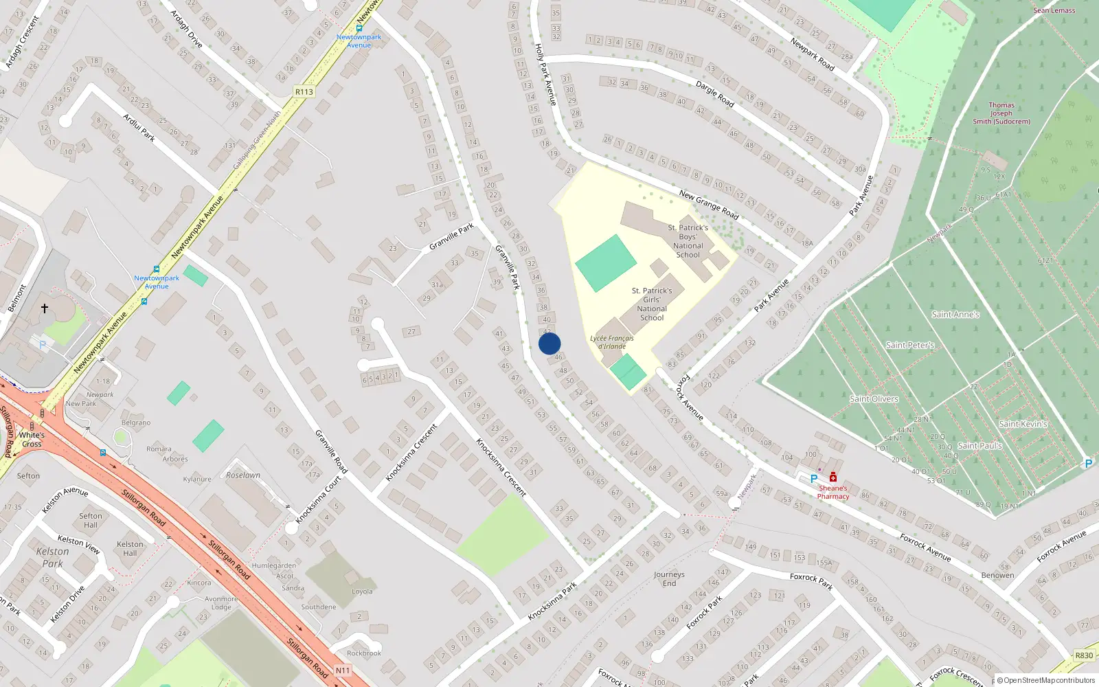 Overhead map showing the location of 44 Granville Park, Blackrock