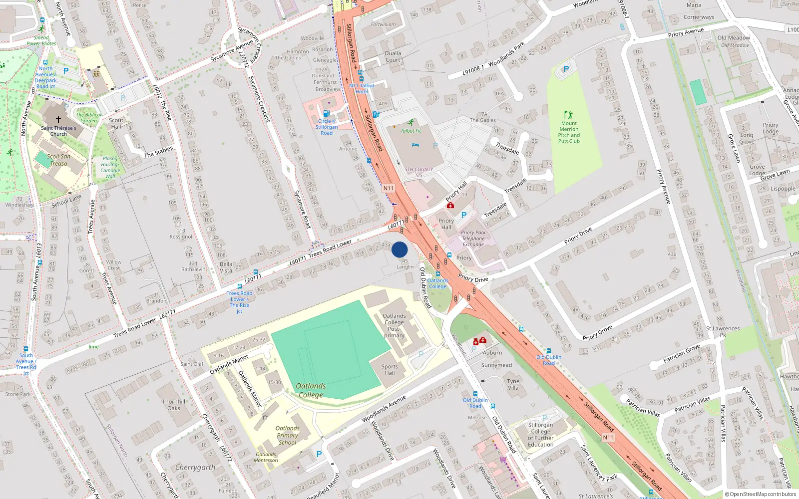 Overhead map showing the location of 44, Greygates, Mount Merrion, Stillorgan-Mount Merrion DED 1986, Blackrock, Dún Laoghaire-Rathdown