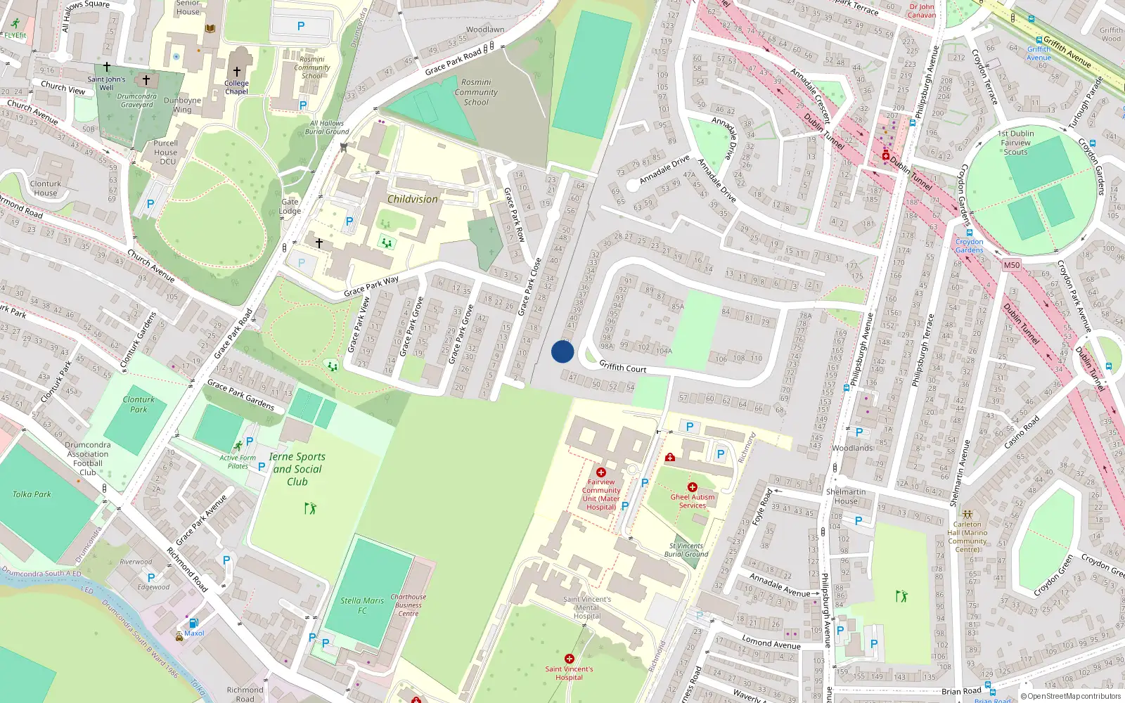 Overhead map showing the location of 44 Griffith Court, Dublin 3