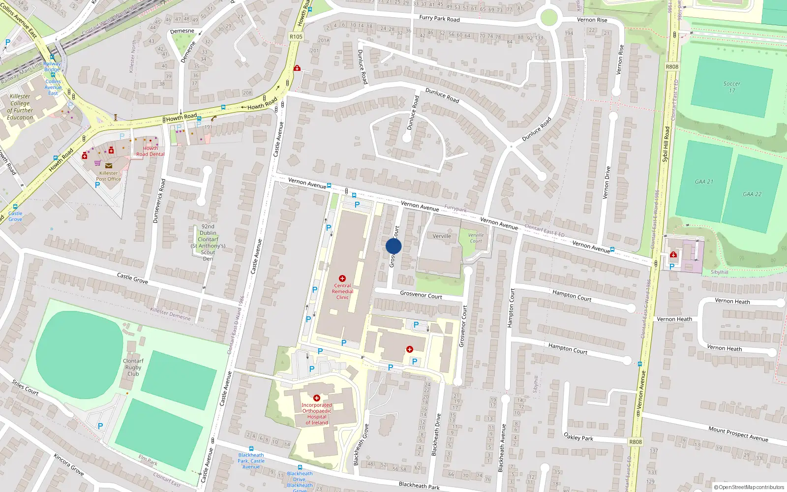 Overhead map showing the location of 44 Grosvenor Court, Clontarf