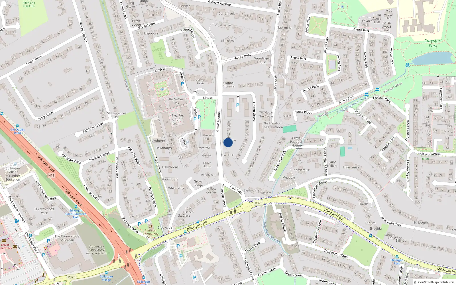 Overhead map showing the location of 44 Grove Avenue, Blackrock, Dublin