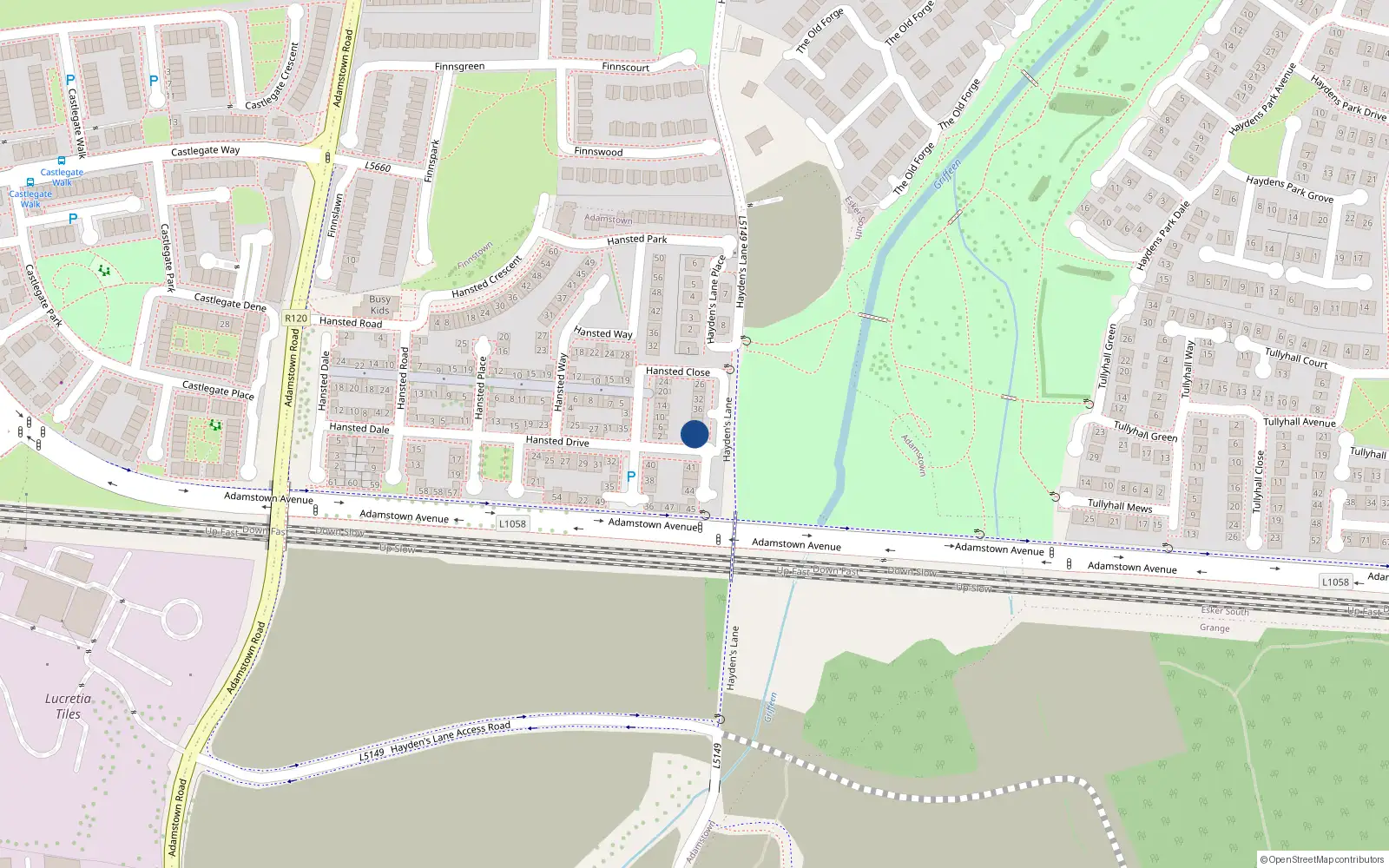 Overhead map showing the location of 44 Hansted Close, Lucan, Dublin