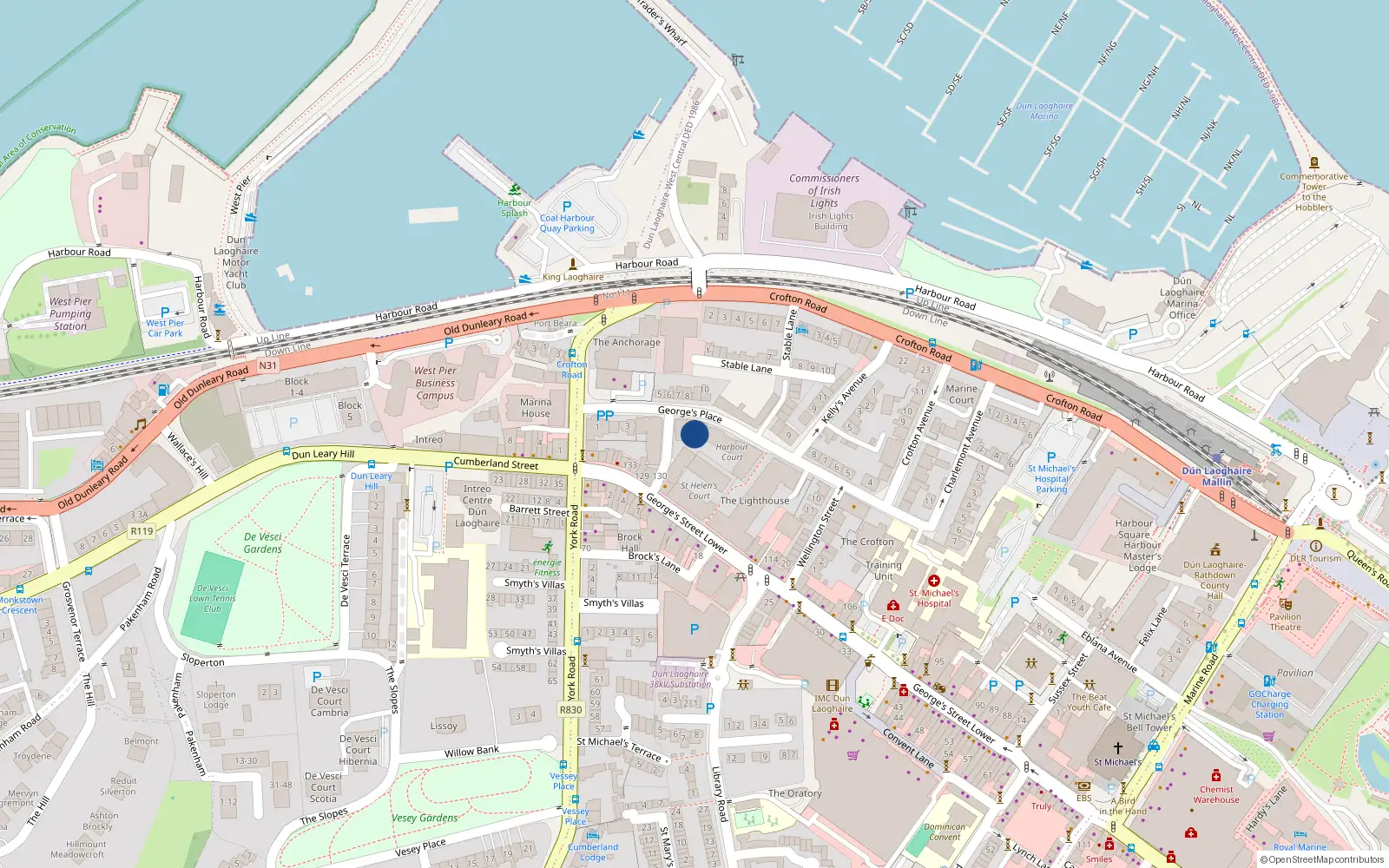 Overhead map showing the location of 44 Harbour Court, Dun Laoghaire, Dublin