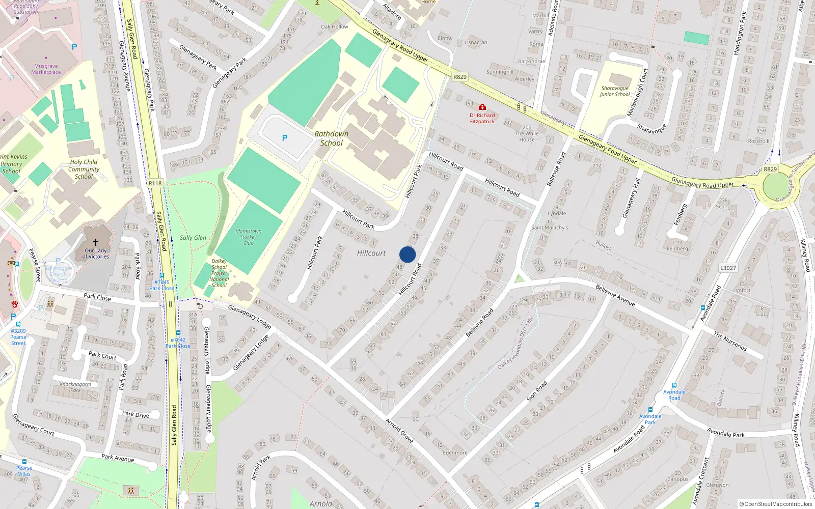 Overhead map showing the location of 44 Hillcourt Road, Glenageary, Dublin