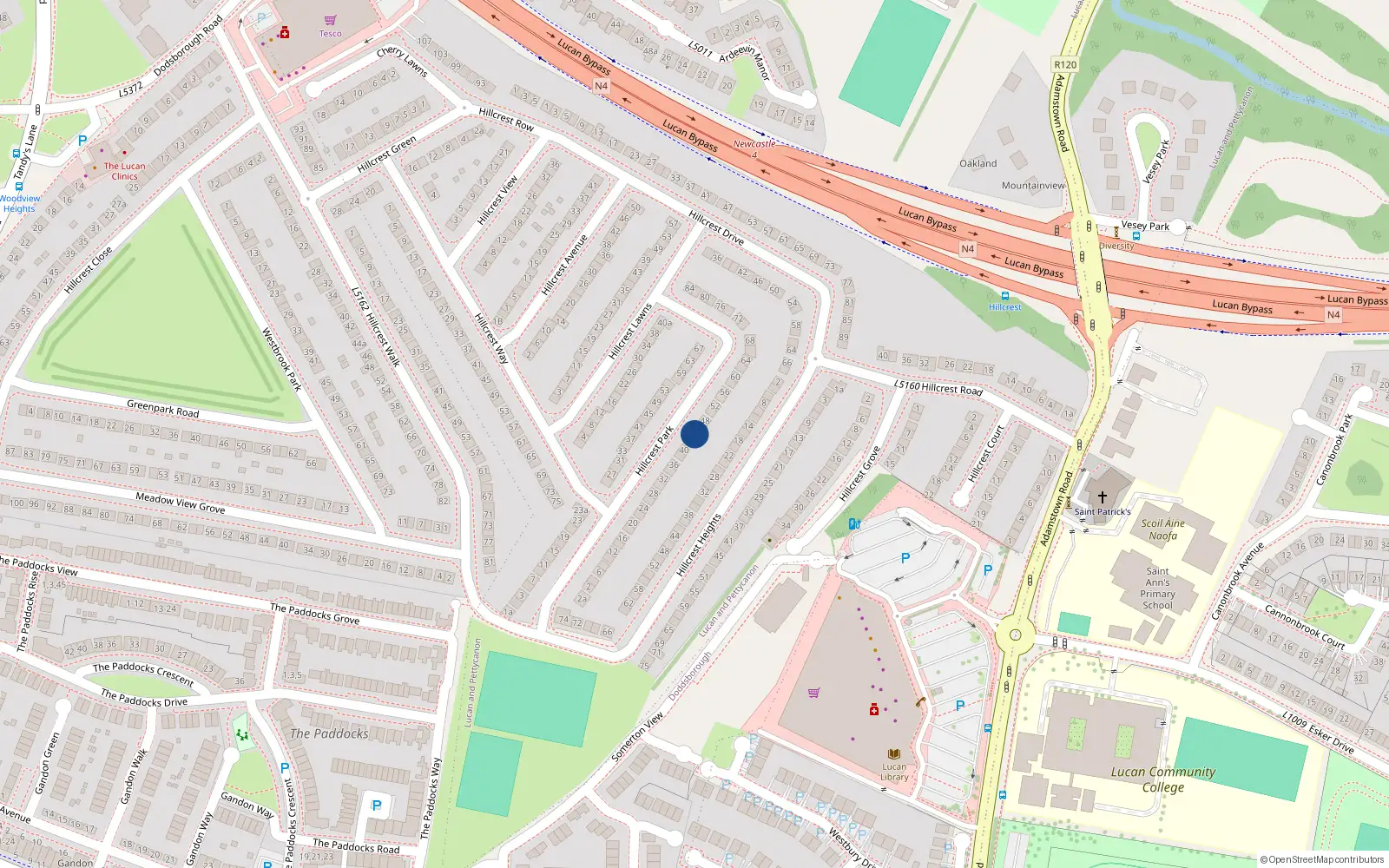 Overhead map showing the location of 44 Hillcrest Park, Lucan, Dublin