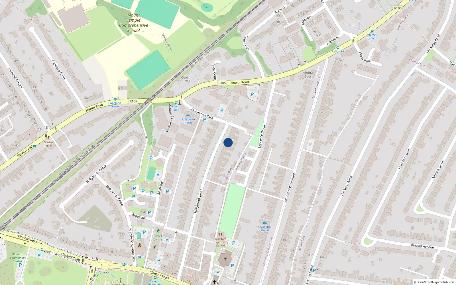 Overhead map showing the location of 44 Hollybrook Road, Clontarf, Dublin 3