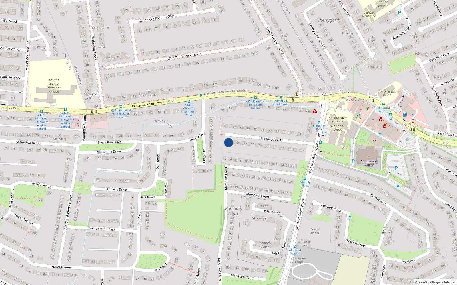 Overhead map showing the location of 44 Kilmacud Park, Blackrock