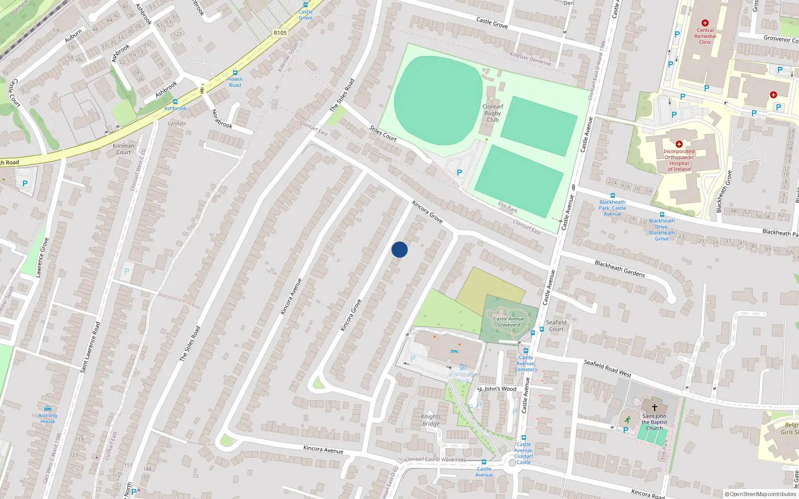 Overhead map showing the location of 44 Kincora Drive, Clontarf, Dublin 3