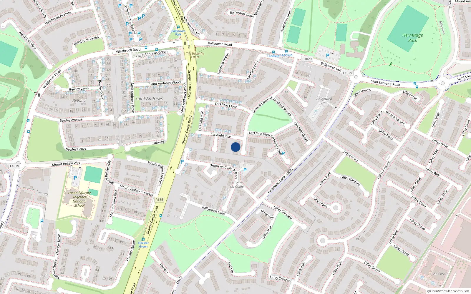 Overhead map showing the location of 44 Larkfield Avenue, Lucan, Dublin