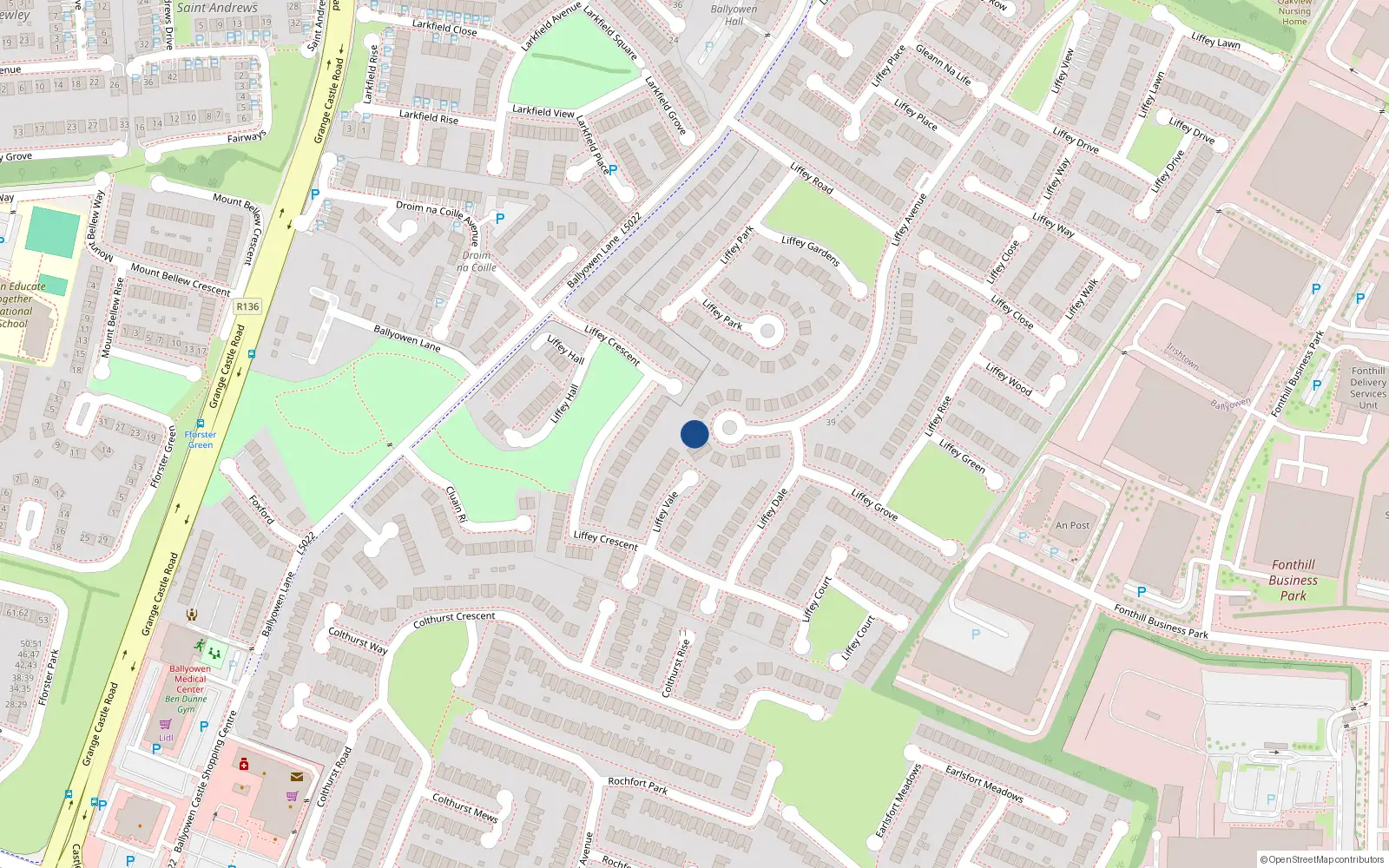 Overhead map showing the location of 44 Liffey Avenue, Liffey Valley Park, Lucan